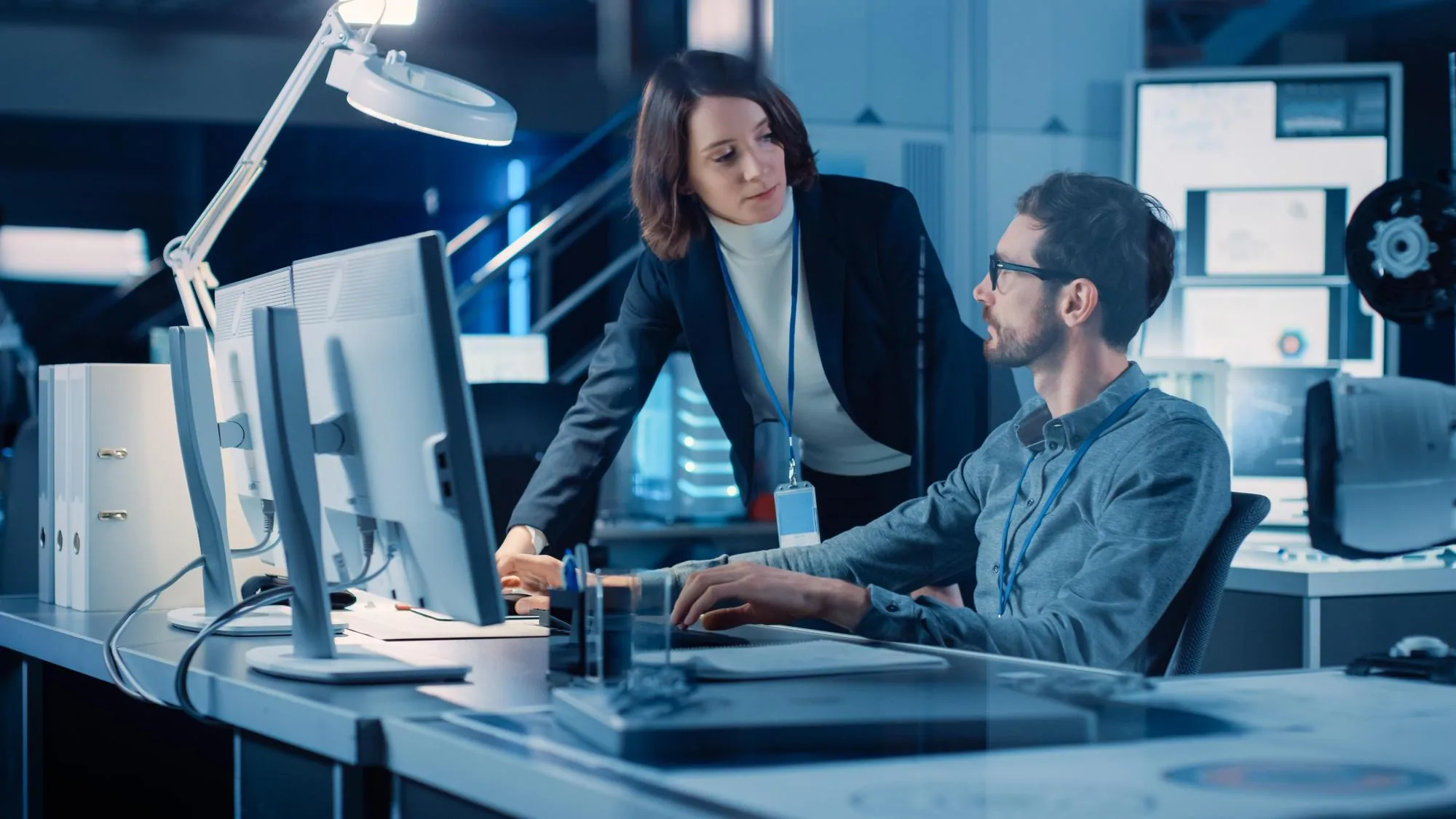 Two colleagues reviewing systems together at a workstation