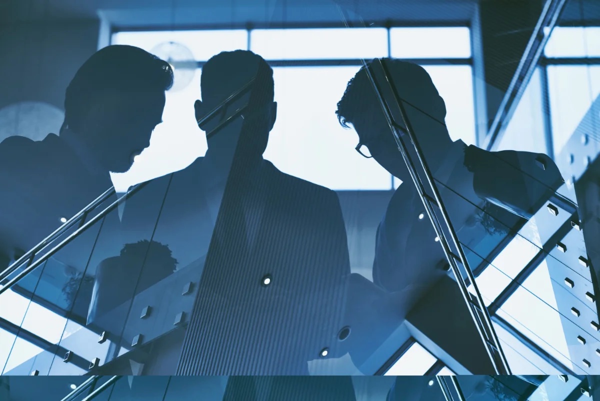 Colleagues in discussion, seen in silhouette