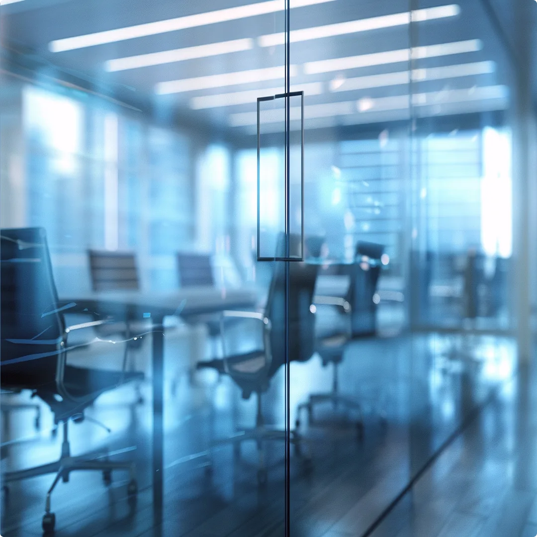 Glass-walled conference room in a modern office
