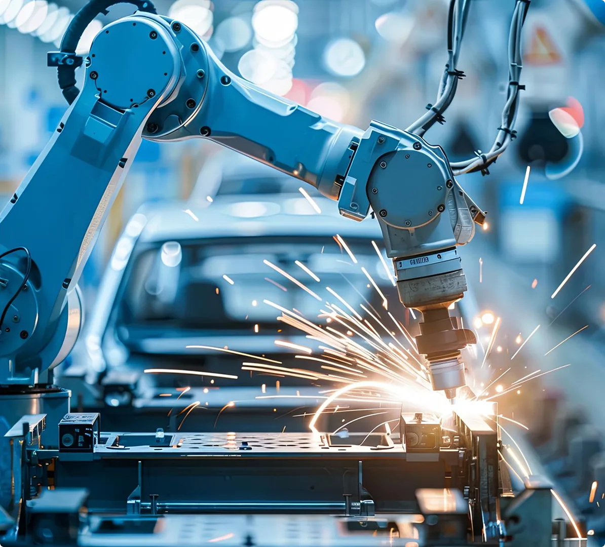 Robotic welding arm on a production line