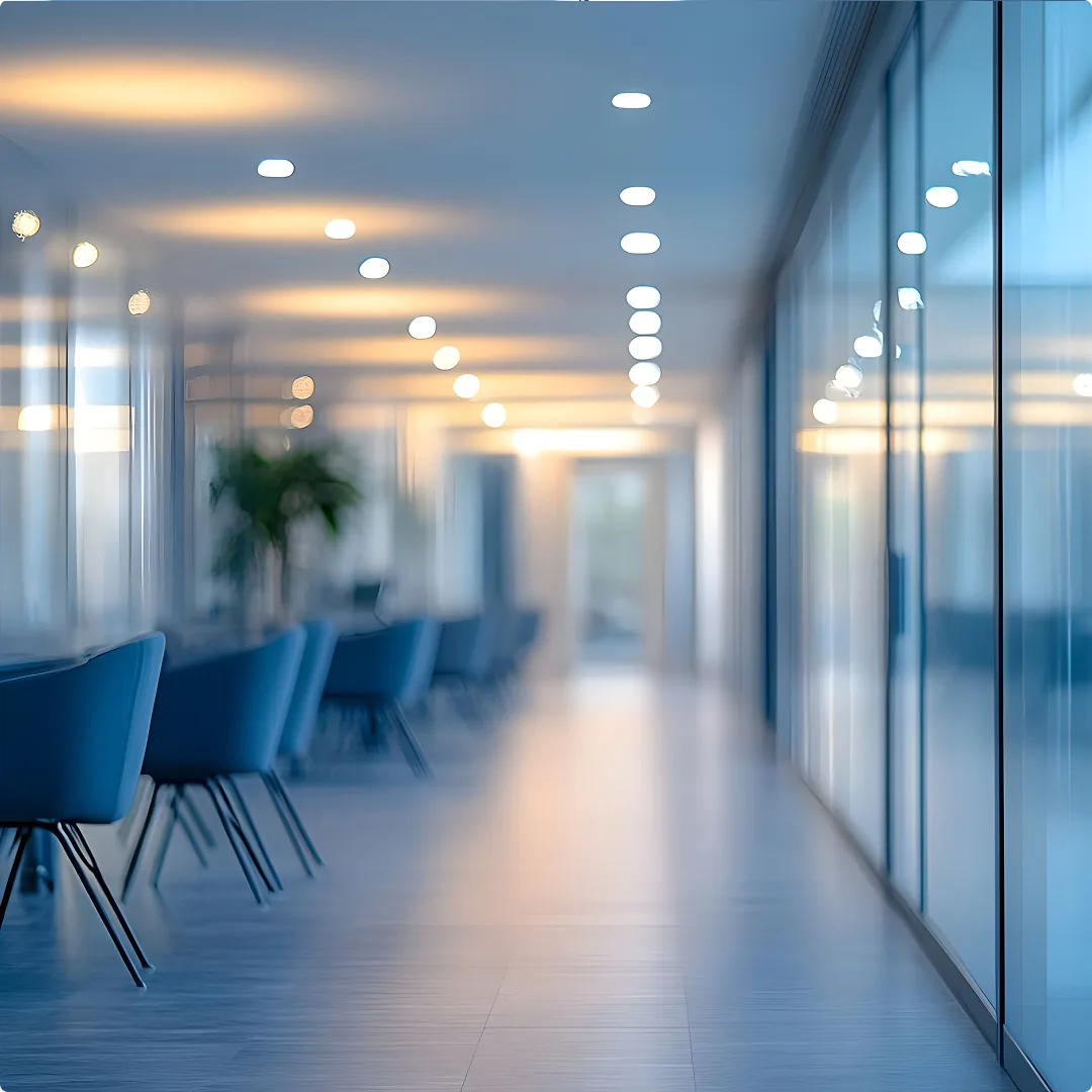 Light-filled office corridor with glass partitions