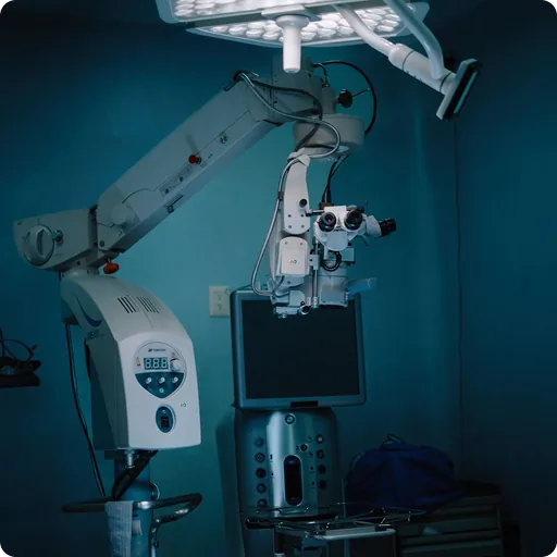 A surgical microscope and monitor in a treatment room